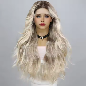 European And American Fashion T-shaped Lace Gold Gradient Wavy Curly Hair Wigs Shipped From Warehouse (Option: Golden gradient-28in)