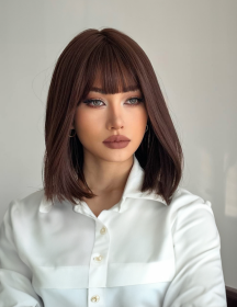Self-pickup Shoulder-Length Layered Wigs With Bangs  14 Inch Peek-a-boo Color Black Mix Brown Mid-Length Wavy Wigs For Natural Black Women, Heat (Option: SUE66H)